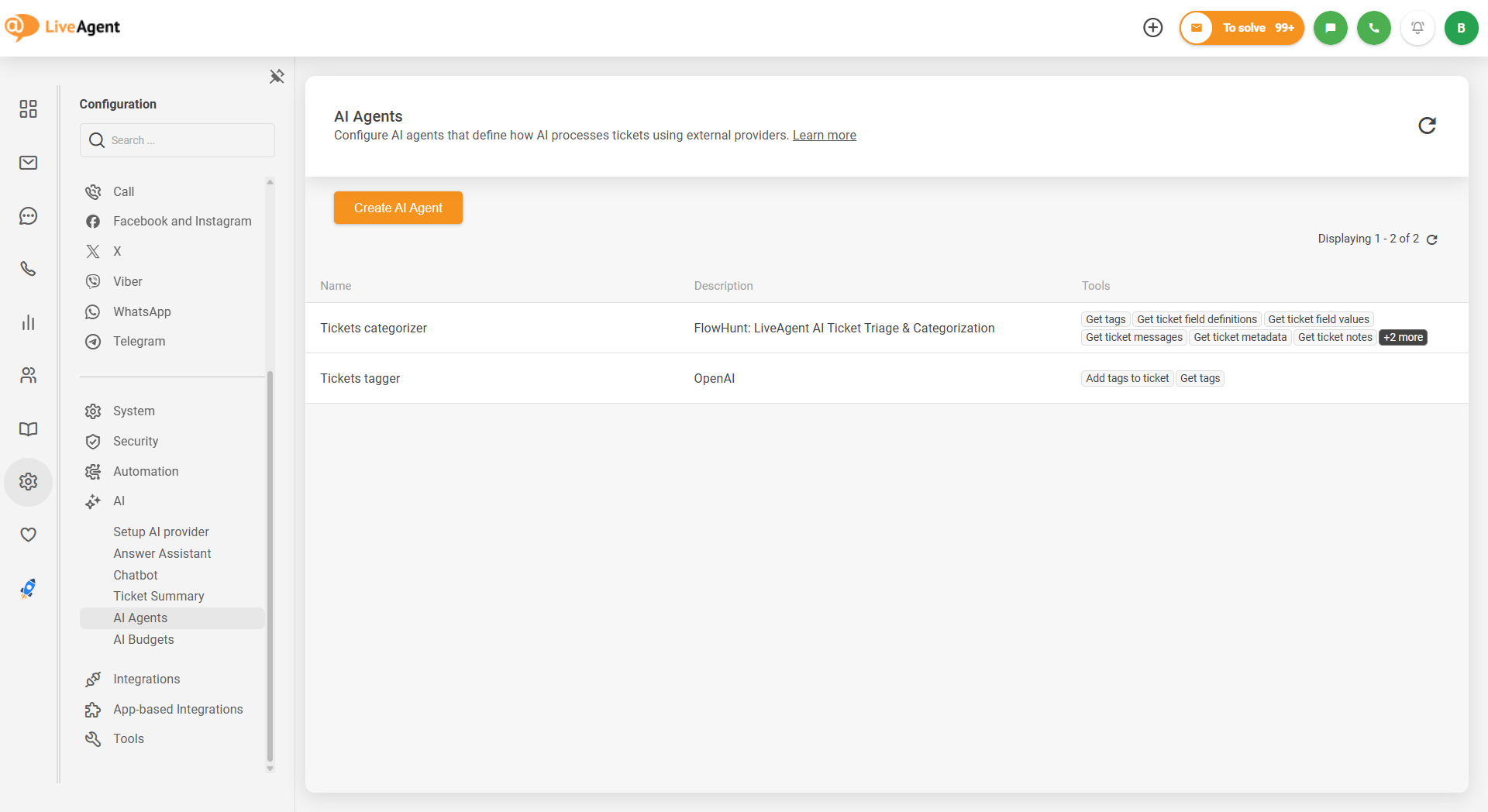 LiveAgent AI Agents configuration screen listing tickets categorizer at tickets tagger agents