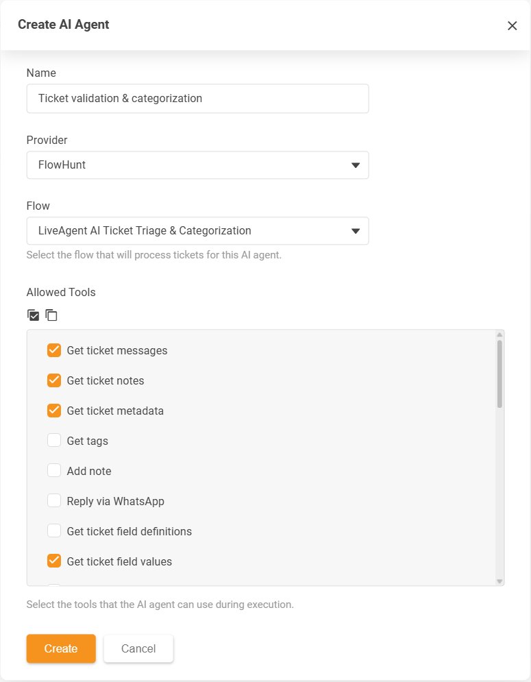 Dialog ng LiveAgent Create AI Agent na may listahan ng Allowed Tools ng mga pinapayagang aksyon