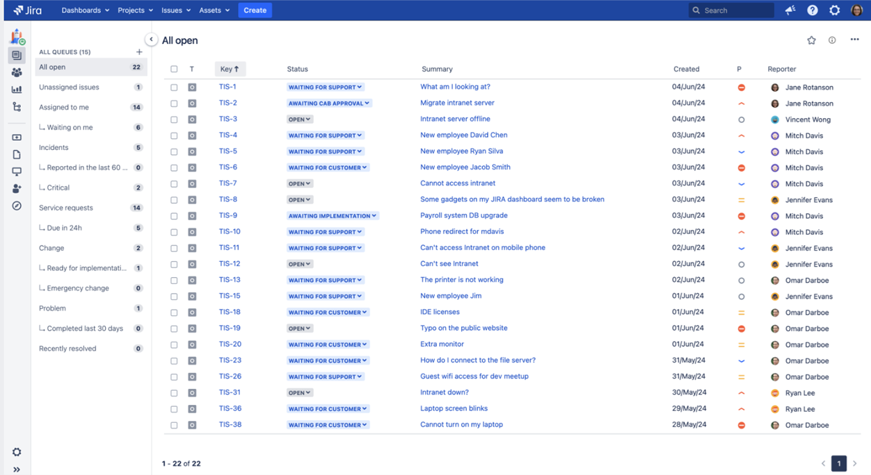 Jira Service Management ticket queue view na may status types
