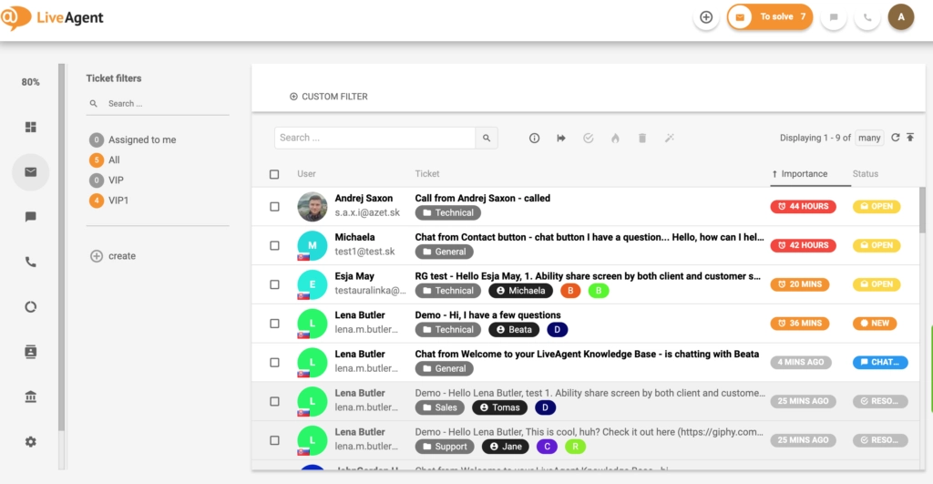 Overview ng ticketing interface sa LiveAgent.