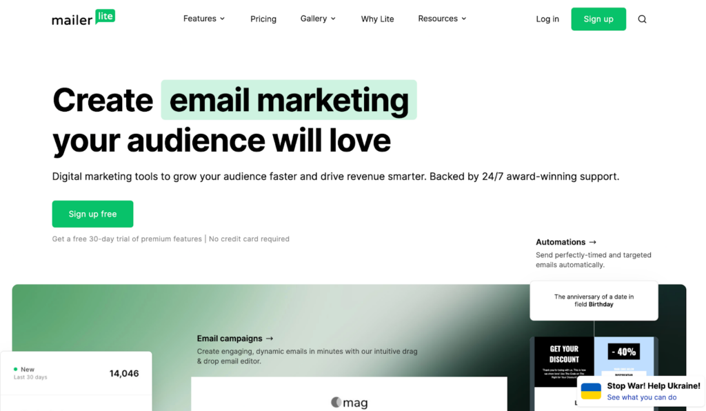 Mailerlite home page, a user-friendly email management system