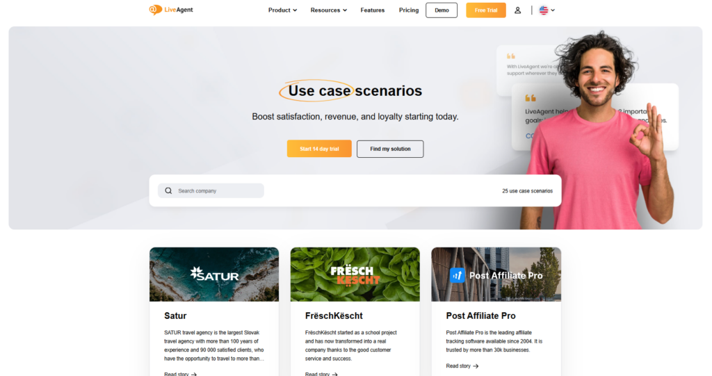 Screenshot ng website ng LiveAgent kung saan nila ibinabahagi ang success stories ng kanilang mga customers
