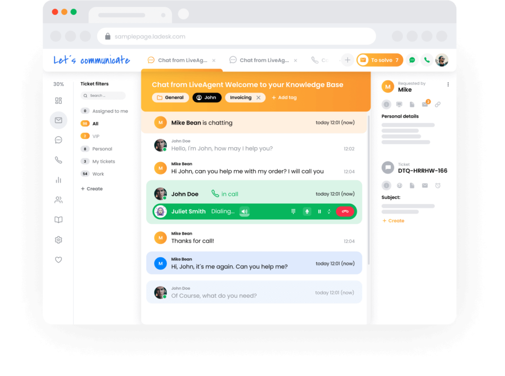 Ang ticketing system ng LiveAgent - support team view
