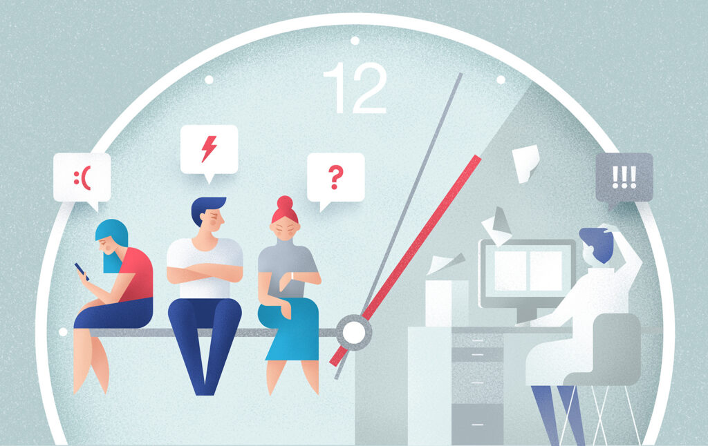 Illustration of customers waiting for customer support