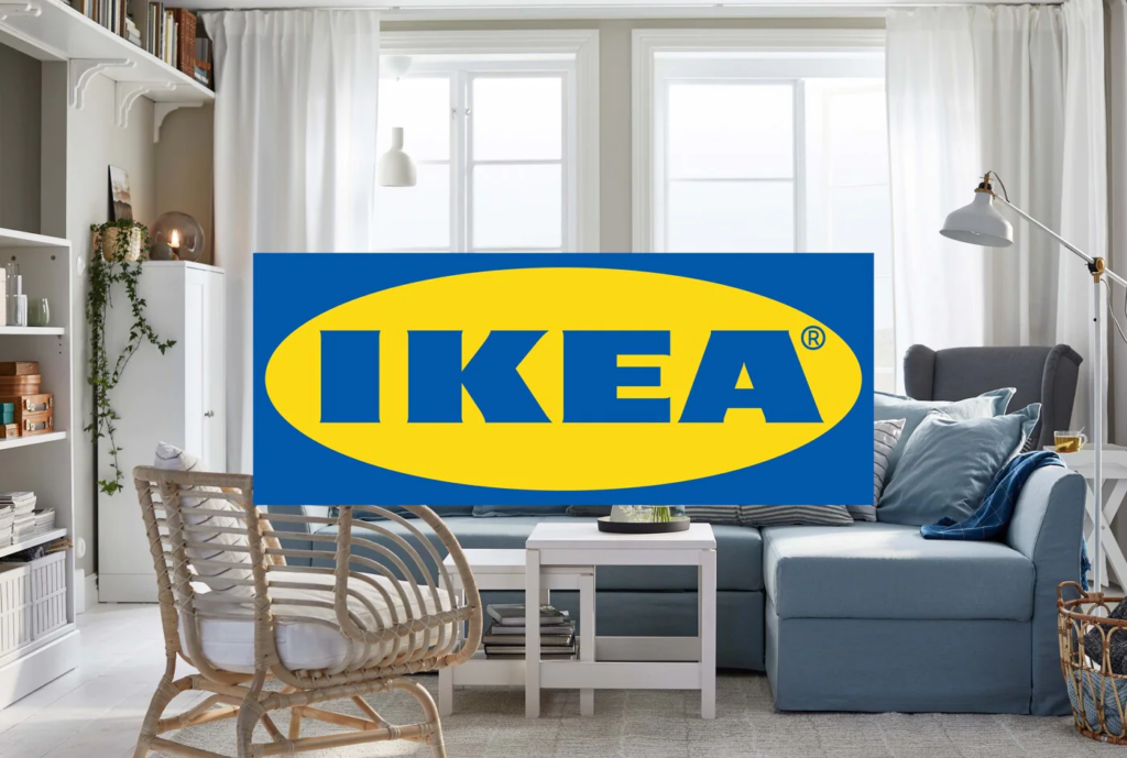 Image ng Ikea's logo na nagpapakita rin ng kanilang furniture