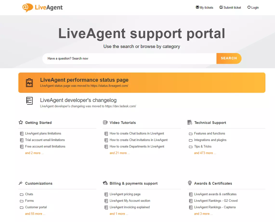 LiveAgent support portal with articles and FAQs