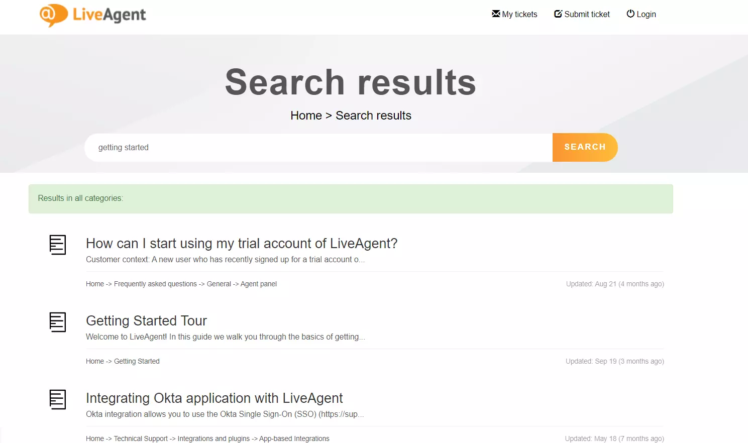 LiveAgent's knowledge base with various user guides