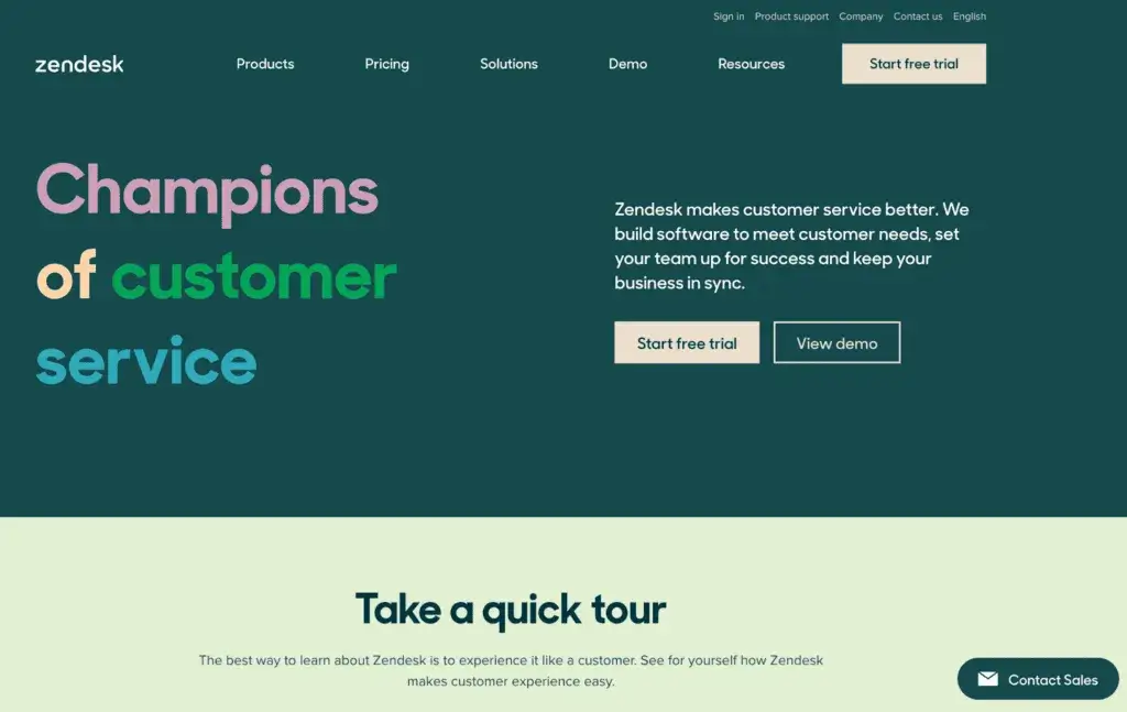 Zendesk home page displaying email management tool features for customer support