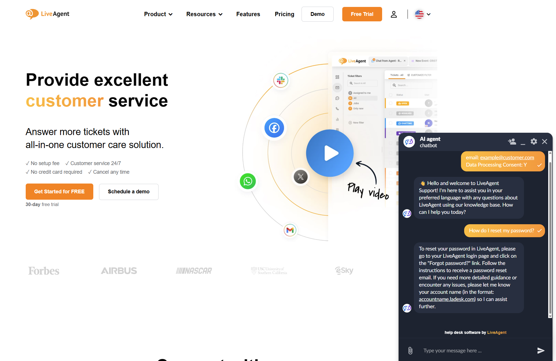 LiveAgent AI Chatbot chat conversation on LiveAgent page