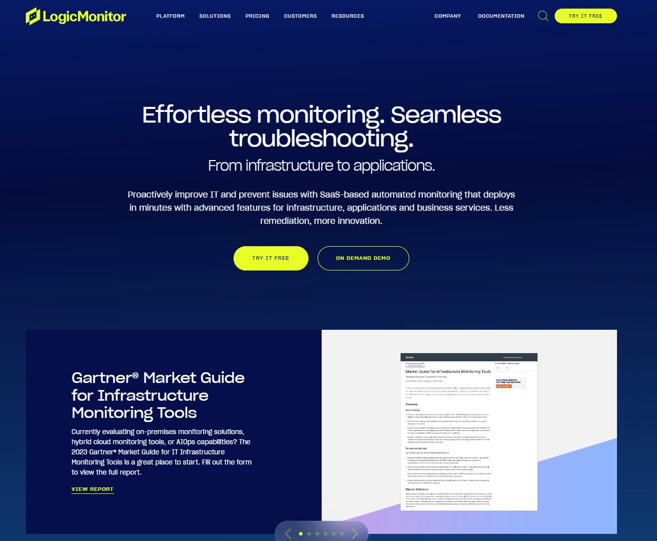 Screenshot ng LogicMonitor's home page - IT performance platform para sa walang abala na monitoring at troubleshooting