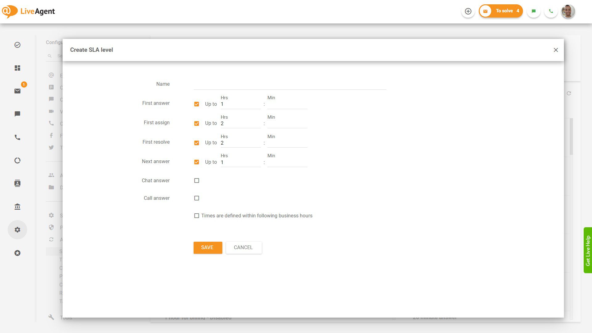 Lumikha ng SLA level sa LiveAgent