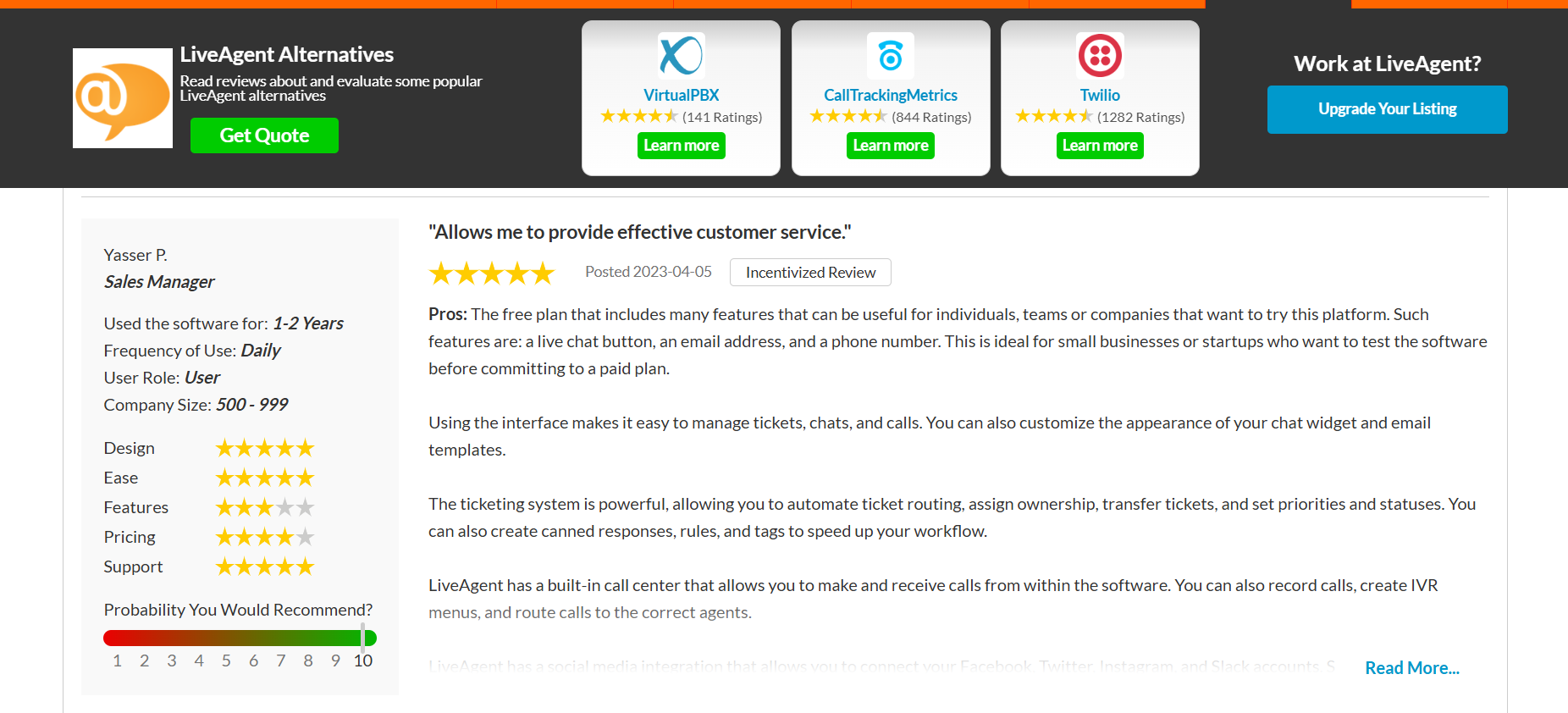 Customer review ng LiveAgent sa SourceForge platform