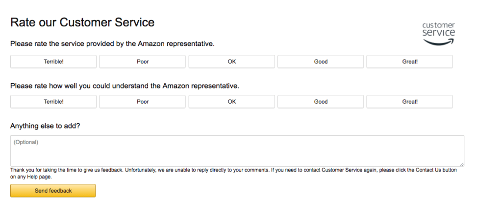 Larawan ng Amazon customer service survey, na nagpapakita ng maraming opsyon ng rating.
