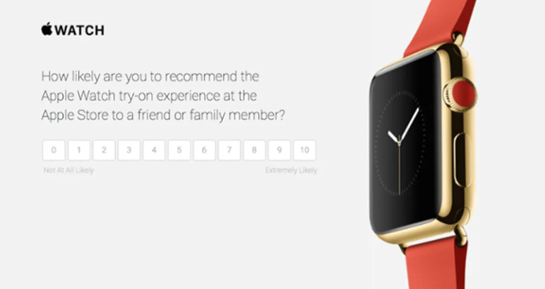 Larawan ng Apple customer survey, na nagpapakita ng maraming opsyon para sa rating ng Apple watch product experience.