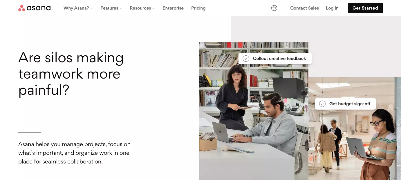 Ang home page ng Asana - pagbutihin ang kahusayan sa iyong organisasyon sa pamamagitan ng pagpapabuti ng pakikipagtulungan ng koponan, pag-organisa ng trabaho, at pagpapanatili ng transparency.