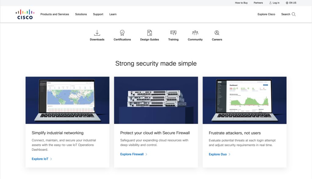 Image ng Cisco's home page - platform na nagbibigay ng iba't ibang software products para sa mga negosyo