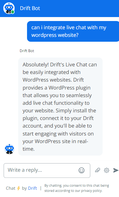 Image of Drift's chatbot having conversation with a customer through their live chat tool