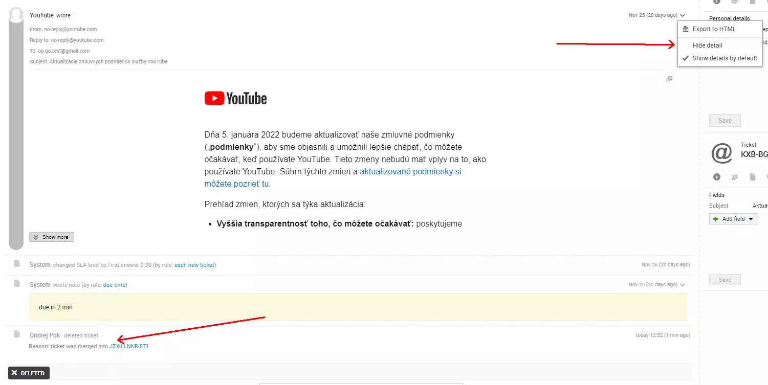 Isang larawan na nagpapakita ng email source error pagkatapos ng pagsasama ng dalawang ticket, isang problema na naroroon sa mga nakaraang bersyon ng LiveAgent