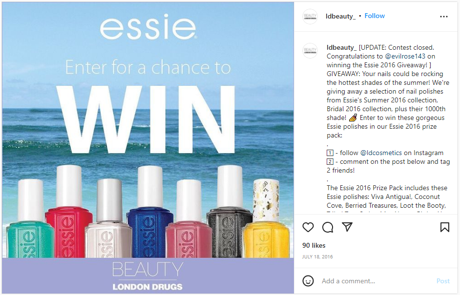 Essie brand social media giveaway contest asking followers to tag friends