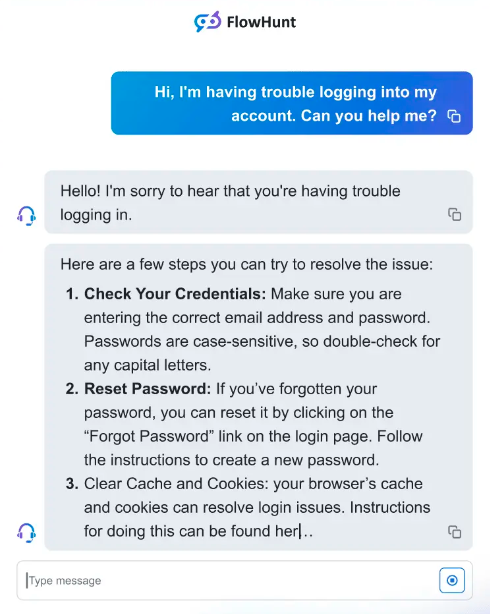 Screenshot ng FlowHunt's AI chatbot na sumasagot