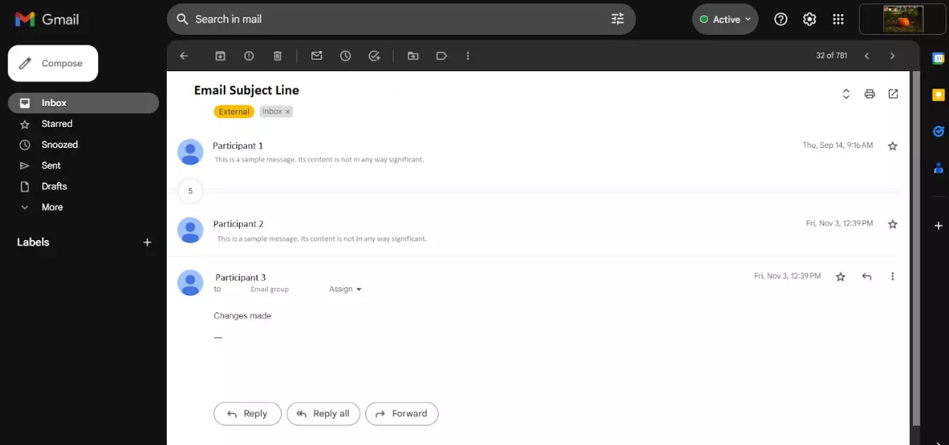 Isang halimbawa ng isang email thread sa pagitan ng maraming kalahok sa loob ng isang panahon