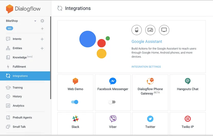 Dialogflow interface showing the 'Integrations' section with Google Assistant and various messaging platform options like Facebook Messenger, Slack, and Twitter.