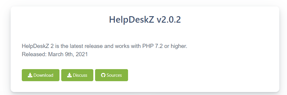 Isang halimbawa ng download page ng isang open source ticketing system na may download button, discussion, at sources
