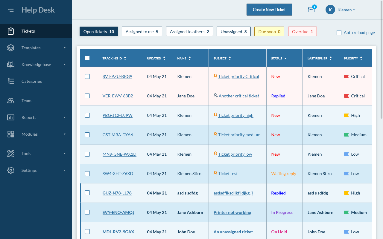 Hesk libreng self-hosted help desk - listahan ng ticket sa admin panel