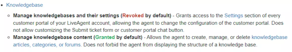 Larawan na nagpapakita ng mga halimbawa ng iba't ibang mga pahintulot na maaaring magkaroon ng mga user tungkol sa kanilang base ng kaalaman