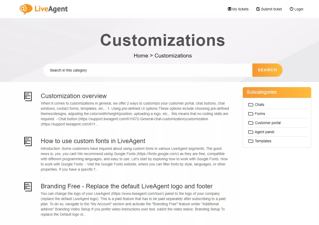 Customization category sa pahina ng knowledge base ng LiveAgent