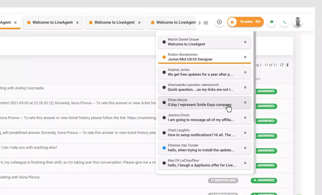 LiveAgent - Listahan ng mga bukas na ticket