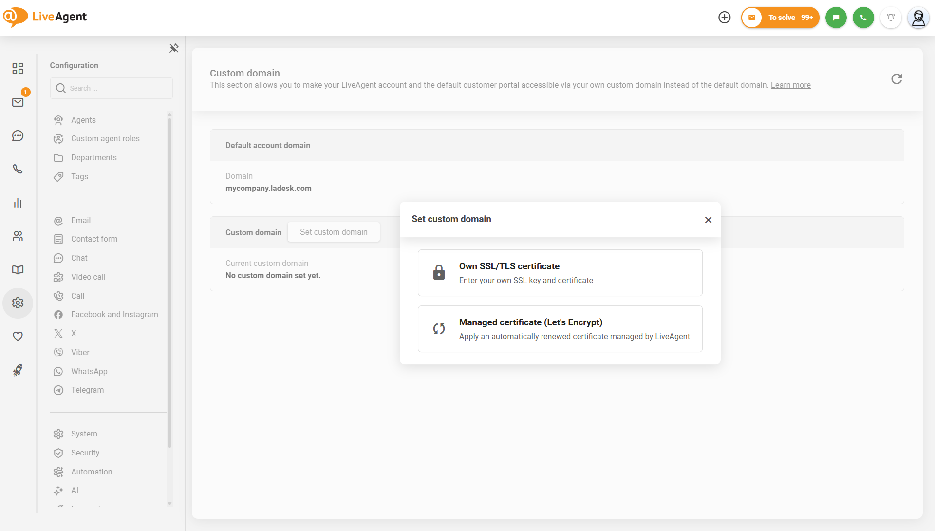 LiveAgent custom domain settings with Let's Encrypt managed certificate option