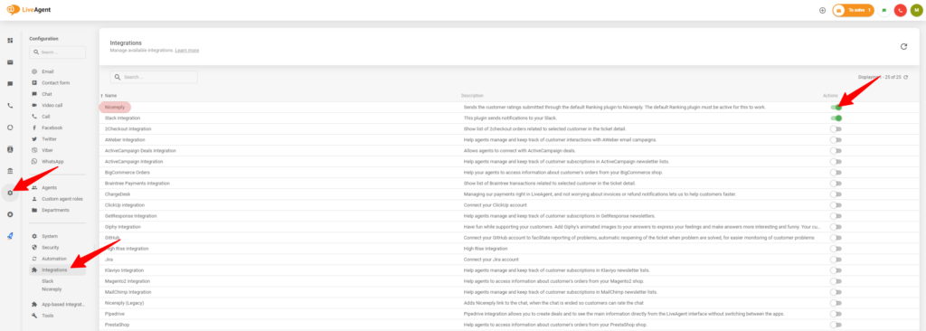 Proseso ng pag-enable ng integration sa Nicereply sa LiveAgent settings