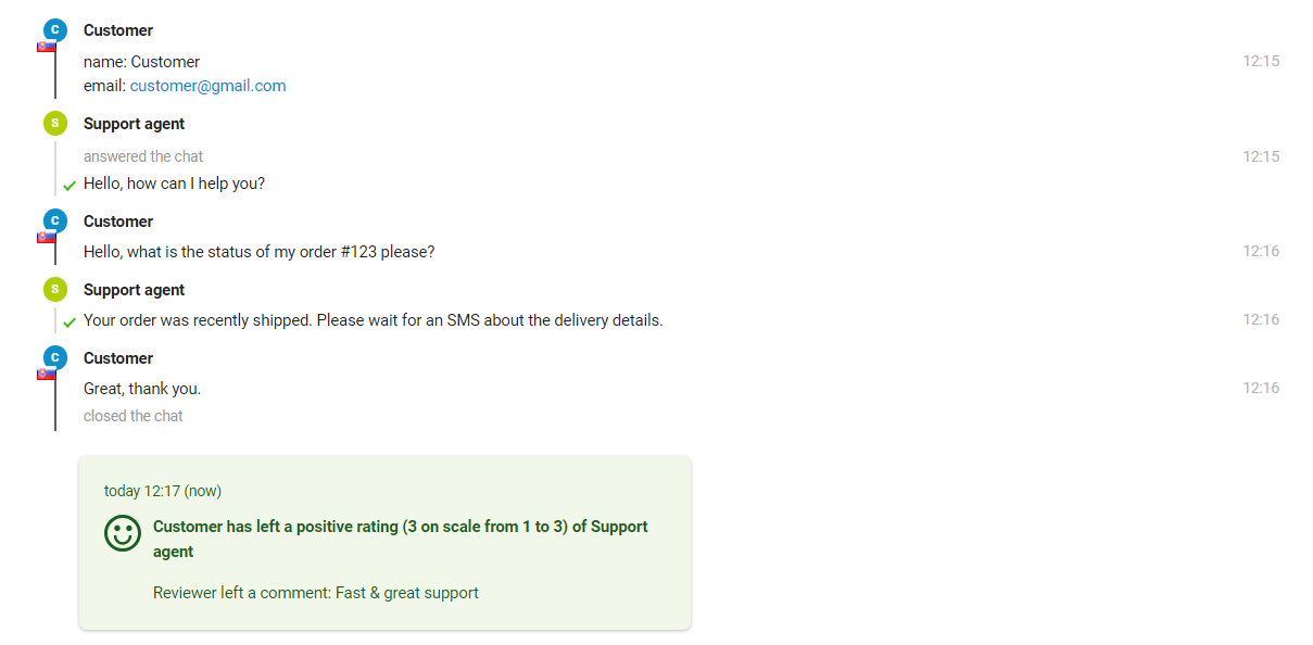 Ipinapakita ang interaksyon ng customer at support agent, kung saan makikita ng agent ang rating sa dulo ng mensahe