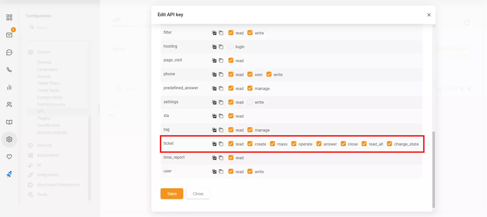 Ang Edit API key section sa LiveAgent na nagpapakita ng mga bagong 'close' at 'change_state' permissions