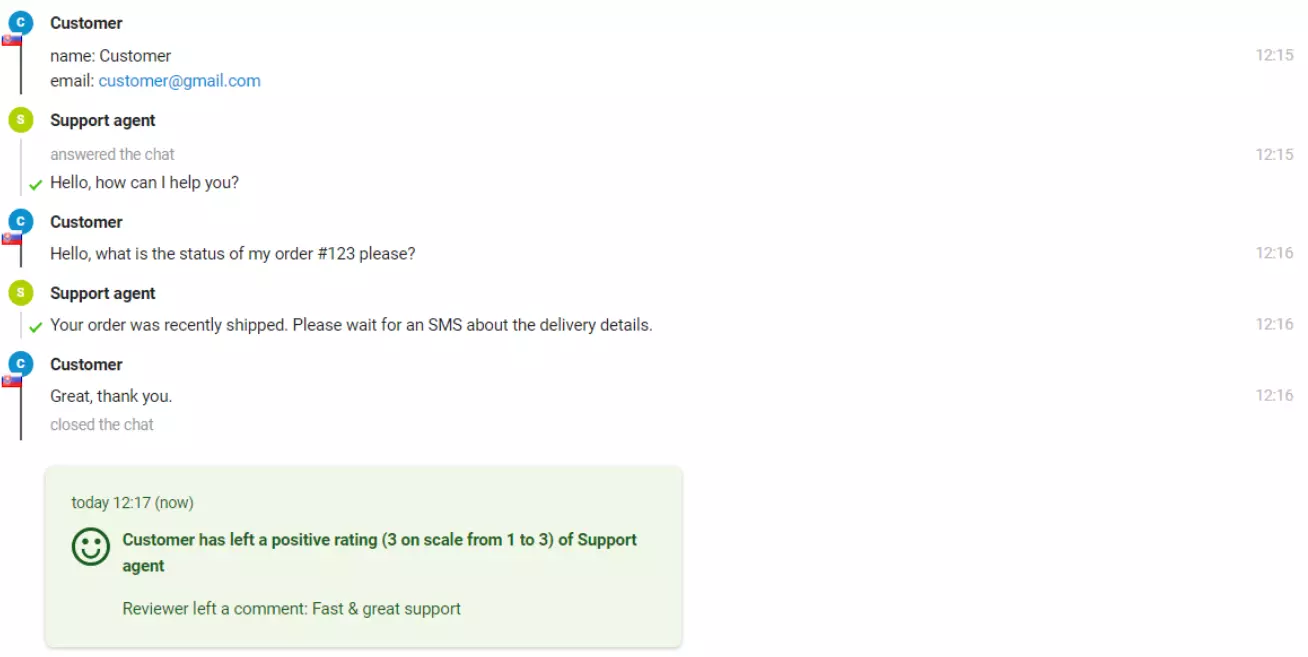 Isang larawan ng isang chat na may isang customer na nag-iwan ng isang positibong rating.