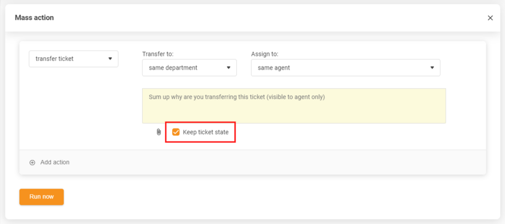 Ang 'Keep ticket state' box na naka-check sa mass actions setting section sa LiveAgent