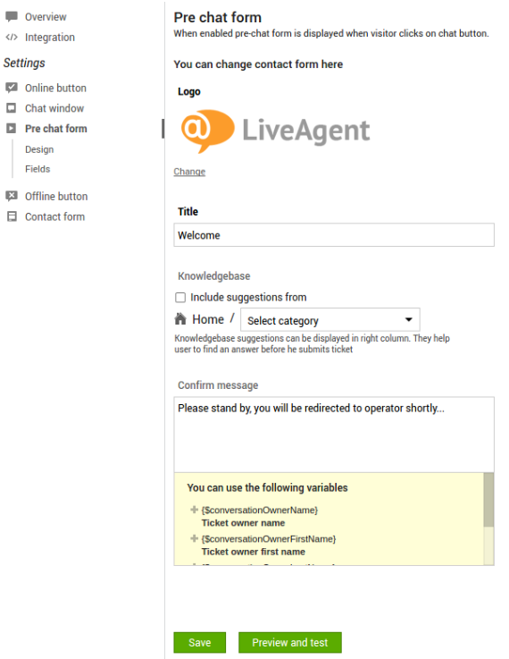 Larawan na nagpapakita ng pangkalahatang pagtingin sa pre chat para sa LiveAgent live chat software.