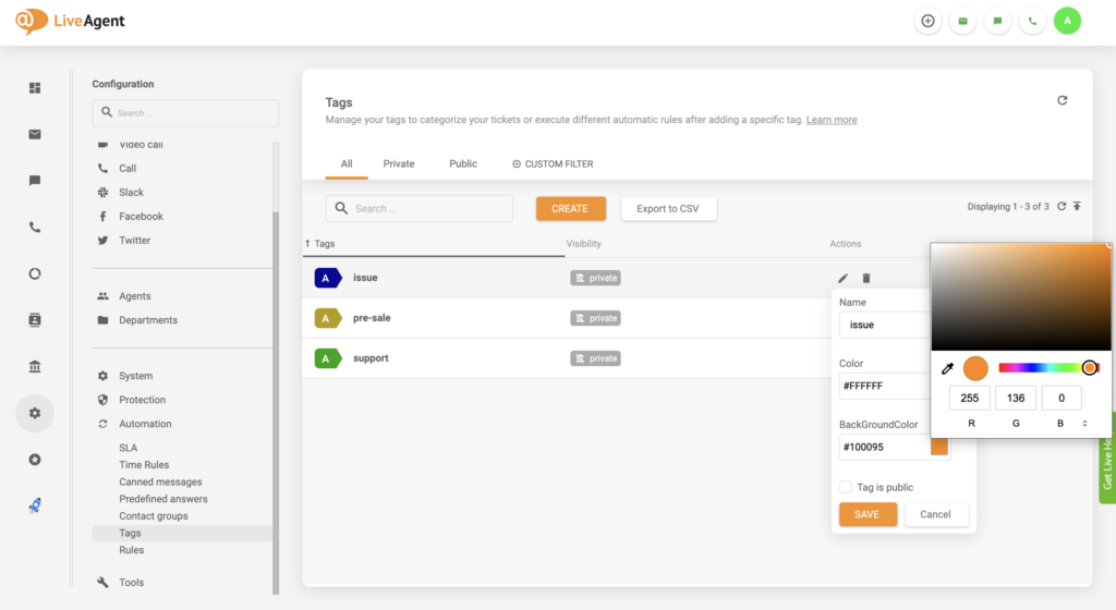 Tag color change setting update sa LiveAgent