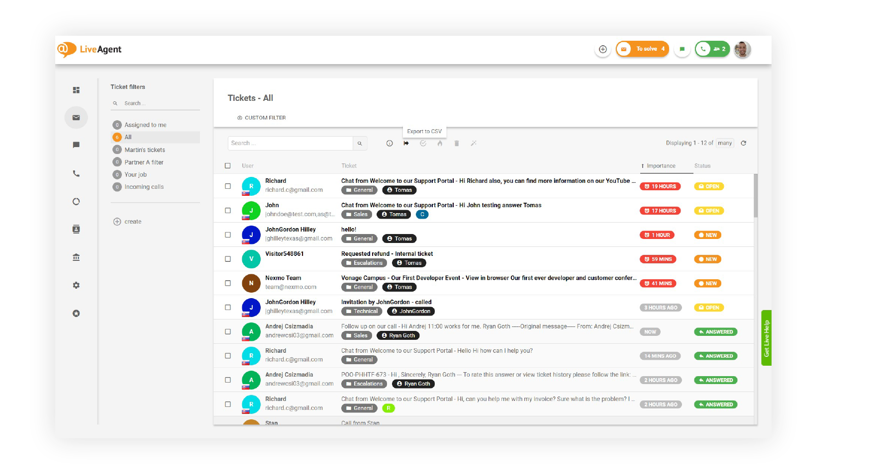 LiveAgent universal inbox na may email, chat at call tickets sa isang queue
