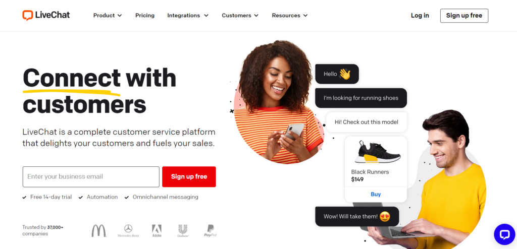 Screenshot of LiveChat home page, the customer service platform for managing customer interactions