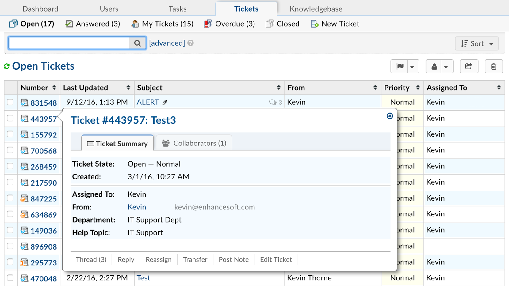 osTicket agent panel na nagpapakita ng ticket queue at ticket overview