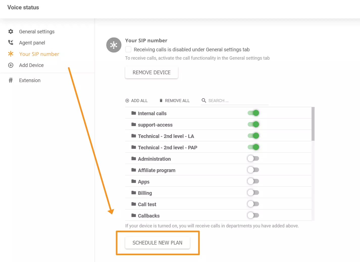Isang larawan na nagpapakita kung saan mahanap ang bagong phone scheduler feature sa LiveAgent
