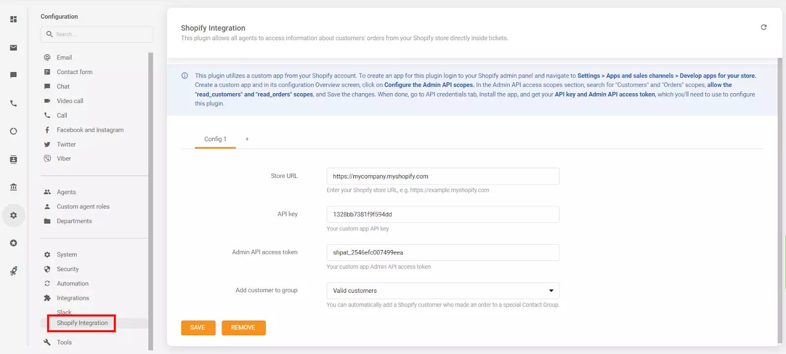 Placing the API key and API access token in the LiveAgent configuration section