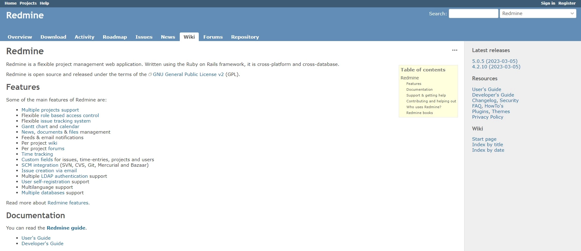 Ang homepage ng Redmine - isang open-source platform na makakatulong sa iyong i-automate ang mga proseso at tumulong sa pagpaplano ng gawain upang mapabuti ang kahusayan sa iyong kumpanya.