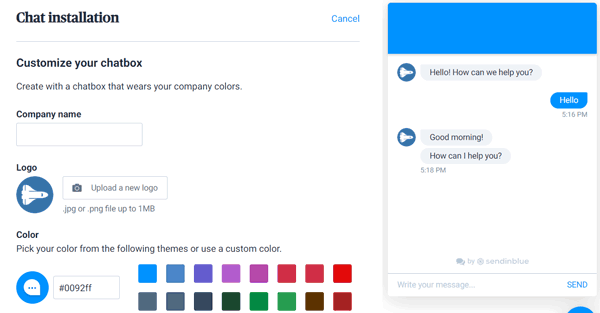 Sendinblue live chat window customization