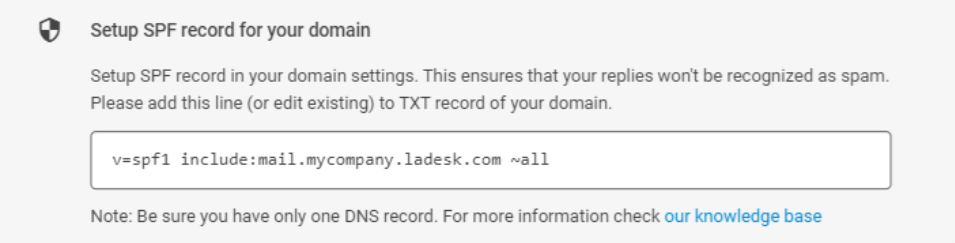 Instructions in LiveAgent to set up SPF record on email account's domain