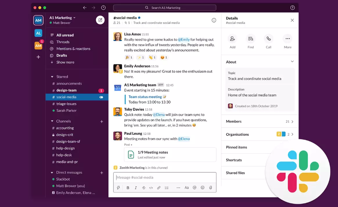 Halimbawa ng enterprise social network Slack, na nagpapakita ng channel collaboration features.