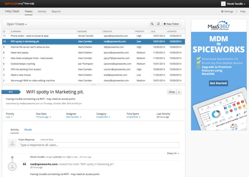 Spiceworks Cloud Help Desk ticket list na may user portal submissions
