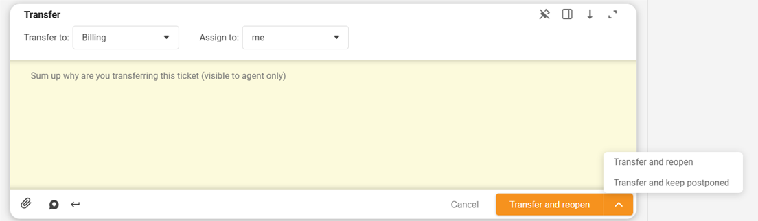 LiveAgent ticket transfer dialog with new expandable reopen/postpone button